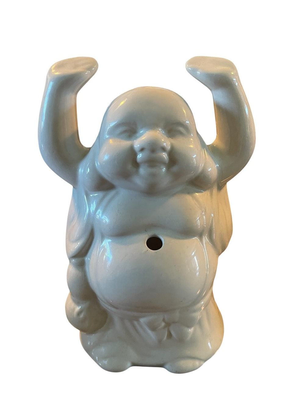 Happy Laughing Hands Up Buddha White Ceramic Tiki Figure Made In China